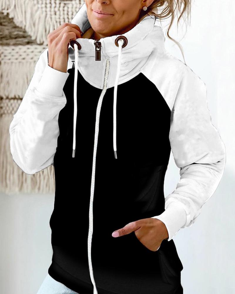 

Colorblock Zipper Pocket Design Lined Coat, White