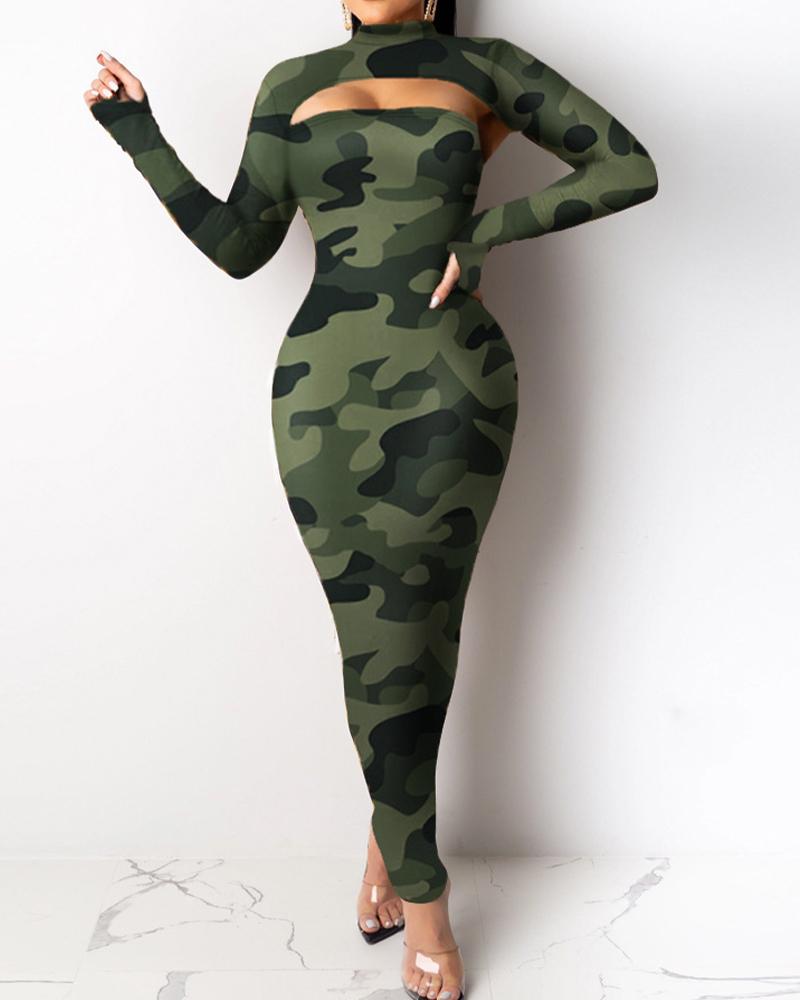 

Camo Leopard Print Skinny Tube Dress With Super Crop Top, Green