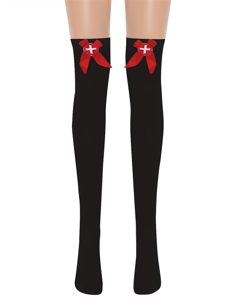 

1Pair Thigh High Nurse Badge Costume Stockings, Black