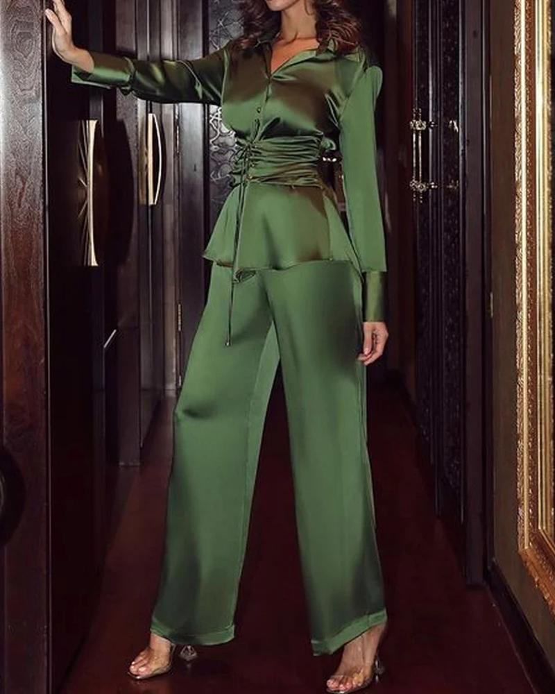 

Eyelet Lace-up Shirt & Wide Leg Pants Set, Green