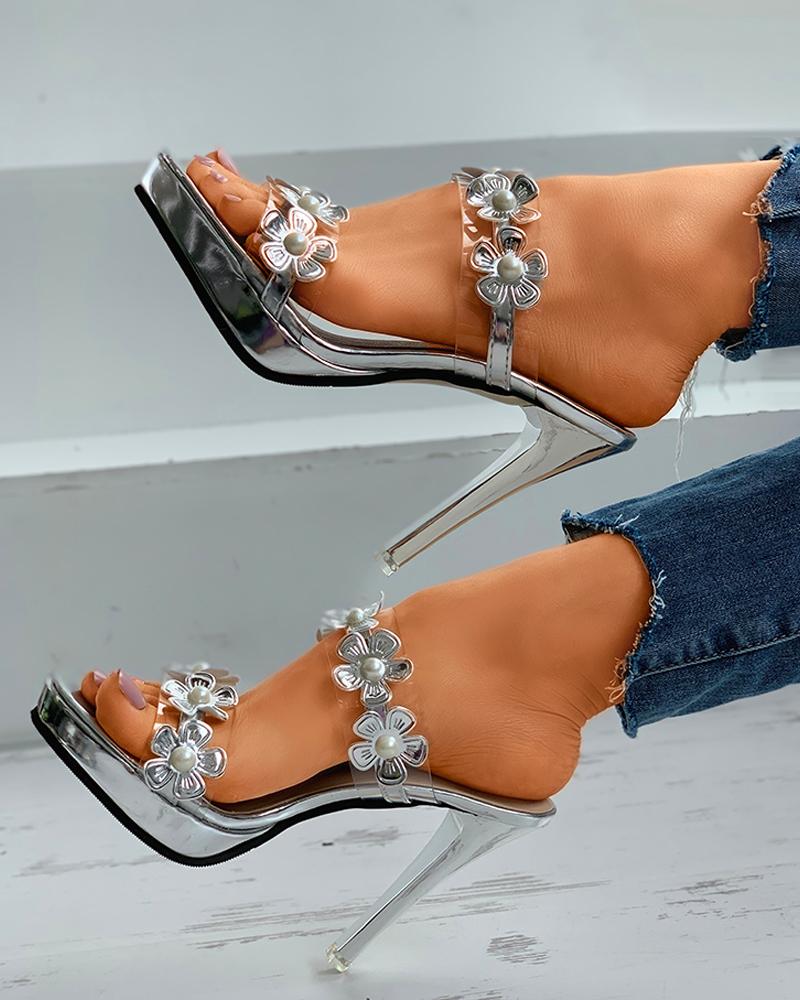 

Floral Pattern Beaded Stiletto Heel, Silver
