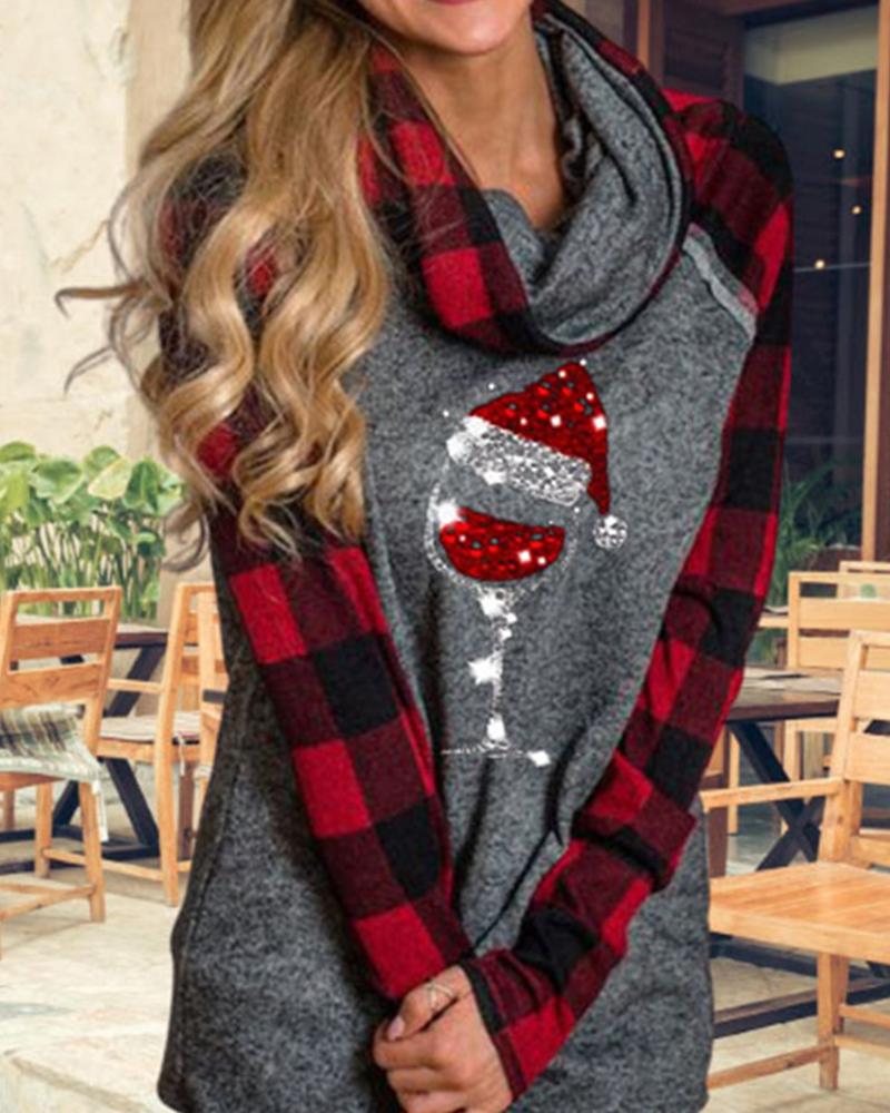 

Christmas Wine Glass Plaid Long Sleeve Sweatshirt, Red