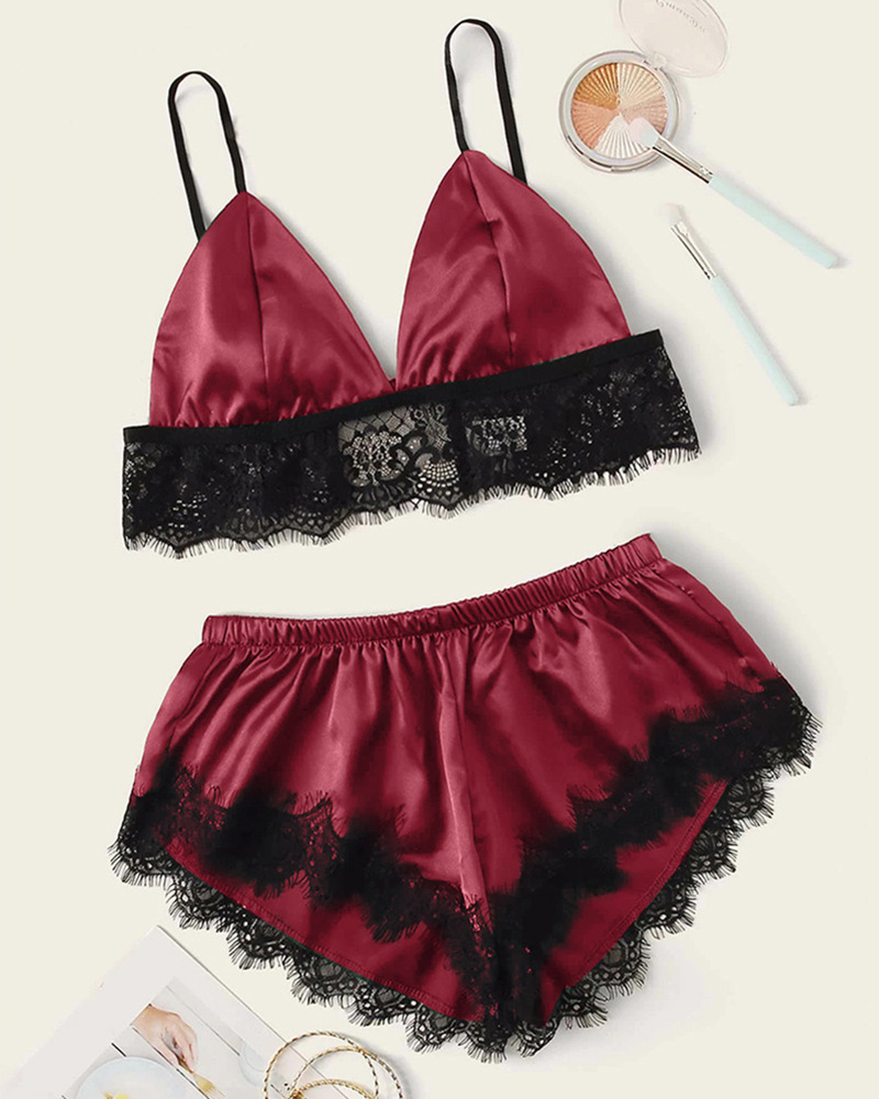 

Eyelash Lace Satin Cami Set, Wine red
