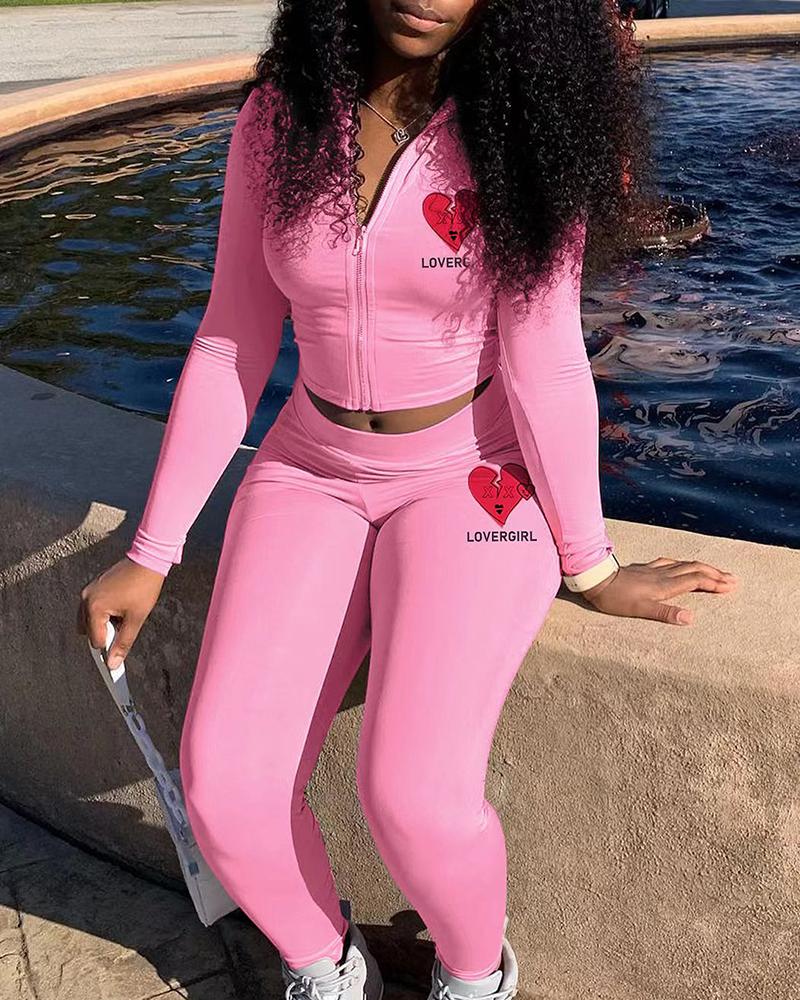 

Heart Pattern Crop Top & High Waist Pants Set, Pink