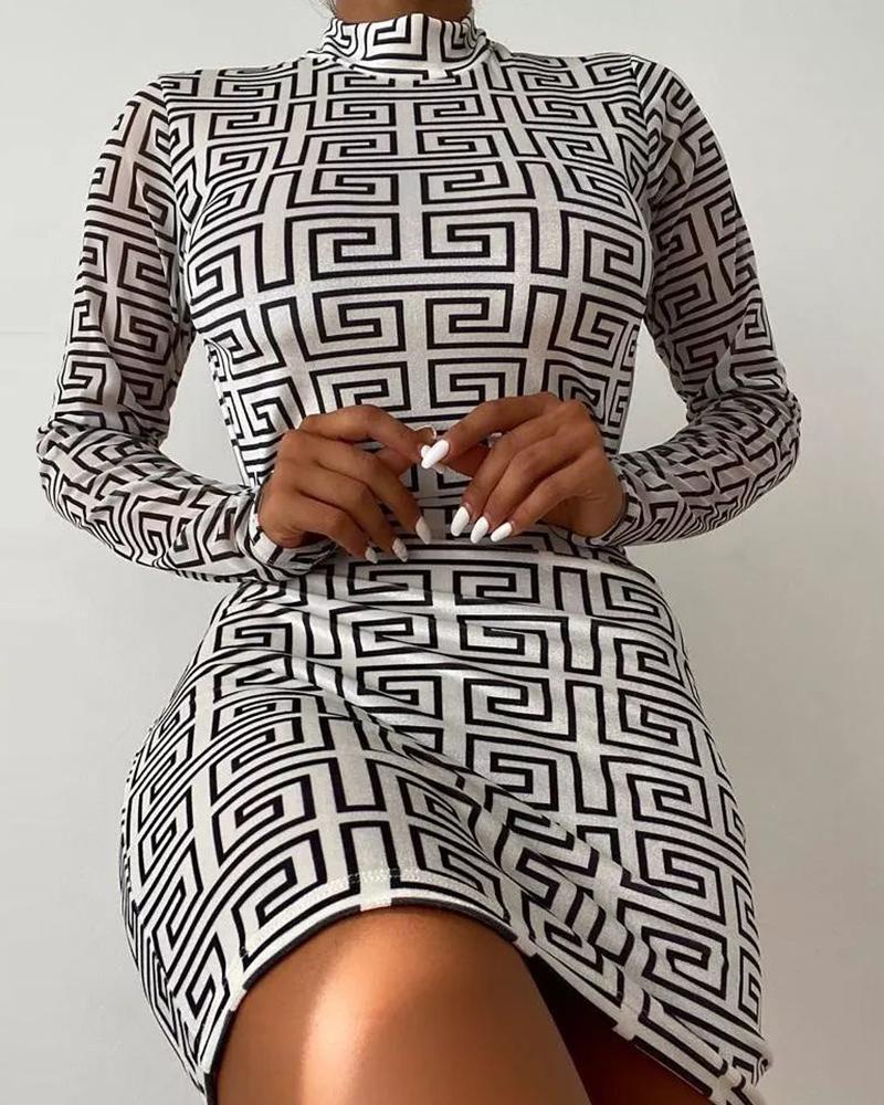 

Geometric Print Long Sleeve Bodycon Dress, White