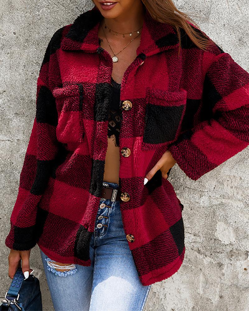 

Plaid Print Buttoned Pocket Design Teddy Coat, Red