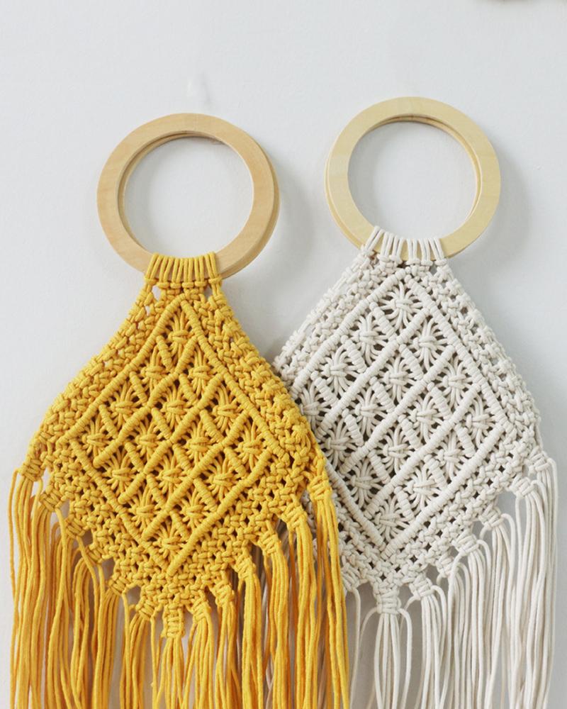 

Crochet Braided Tassel Round Handle Beach Handbag, Yellow