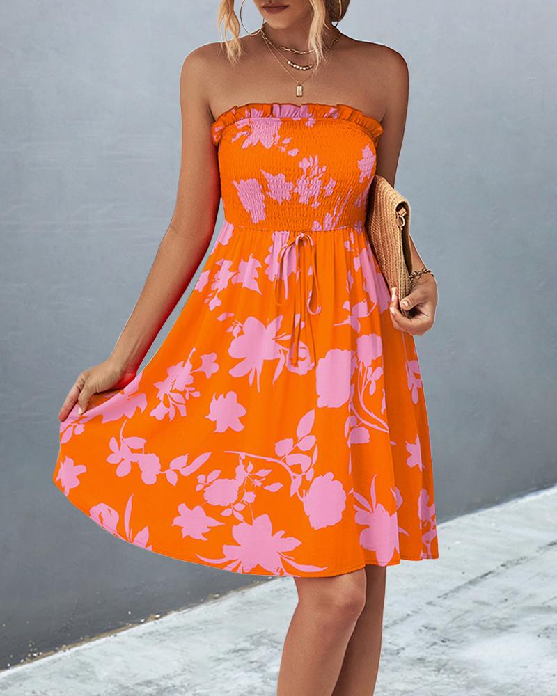 

Floral Print Bandeau Shirred Fill Hem Mini Dress, Orange