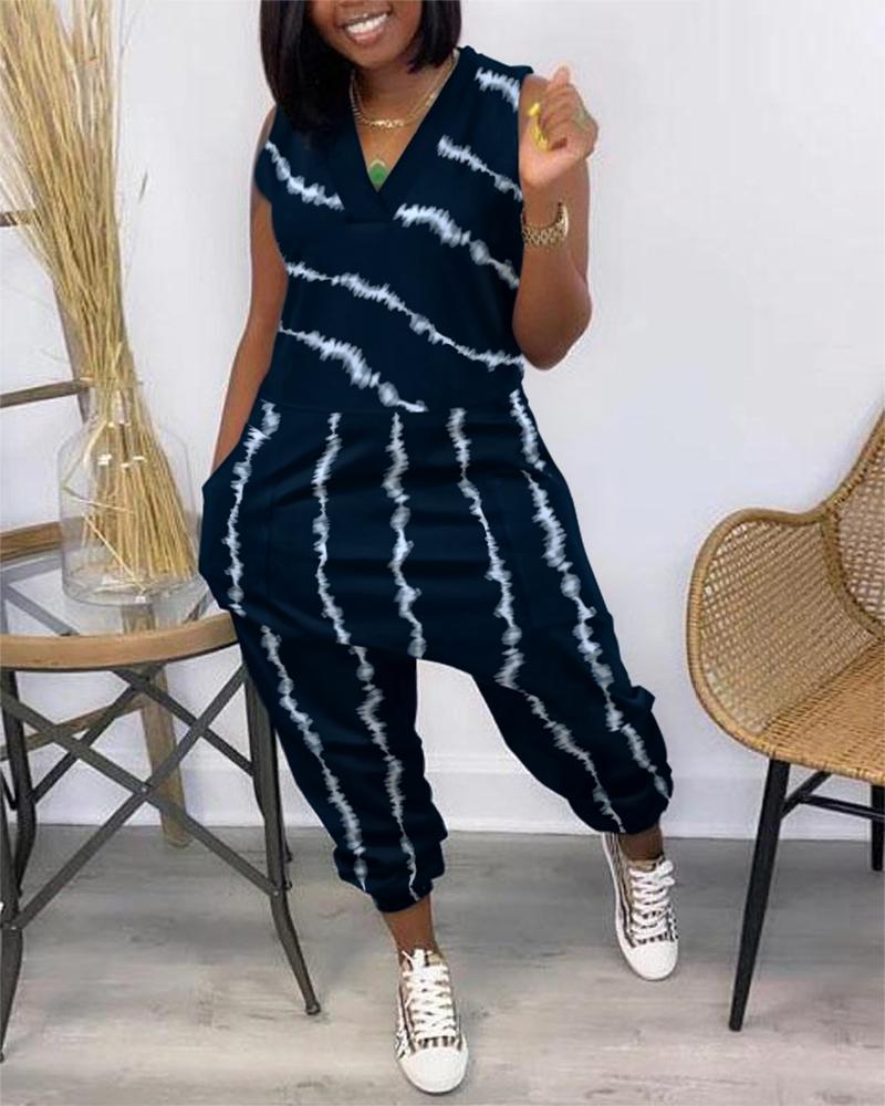 

Tie Dye Print Pocket Design Sleeveless Jumpsuit, Dark blue