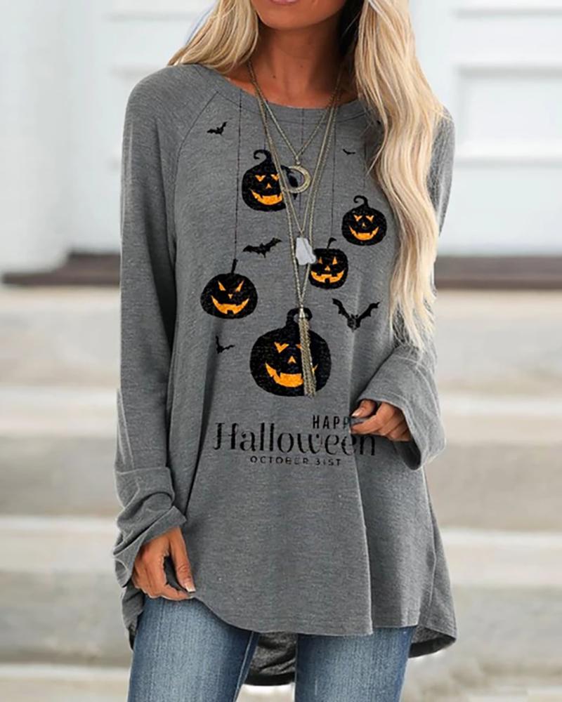 

Halloween Letter Pumpkin Print Casual Top, Gray