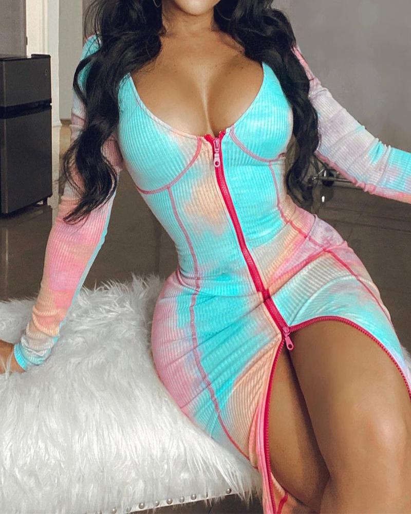 

Tie Dye Zipper Front Ribbed Bodycon Dress, Multicolor