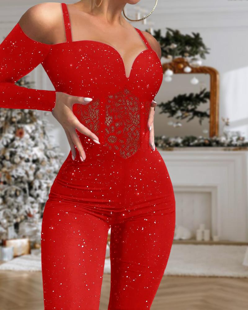 

Glitter Cold Shoulder Contrast Lace Corset Jumpsuit, Red