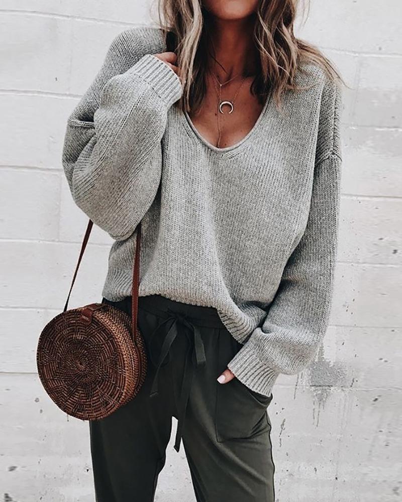 

Solid Long Sleeve V-Neck Casual Sweater, Gray