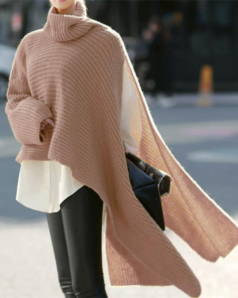 

Asymmetrical Turtleneck Chunky Knit Sweater, Pink