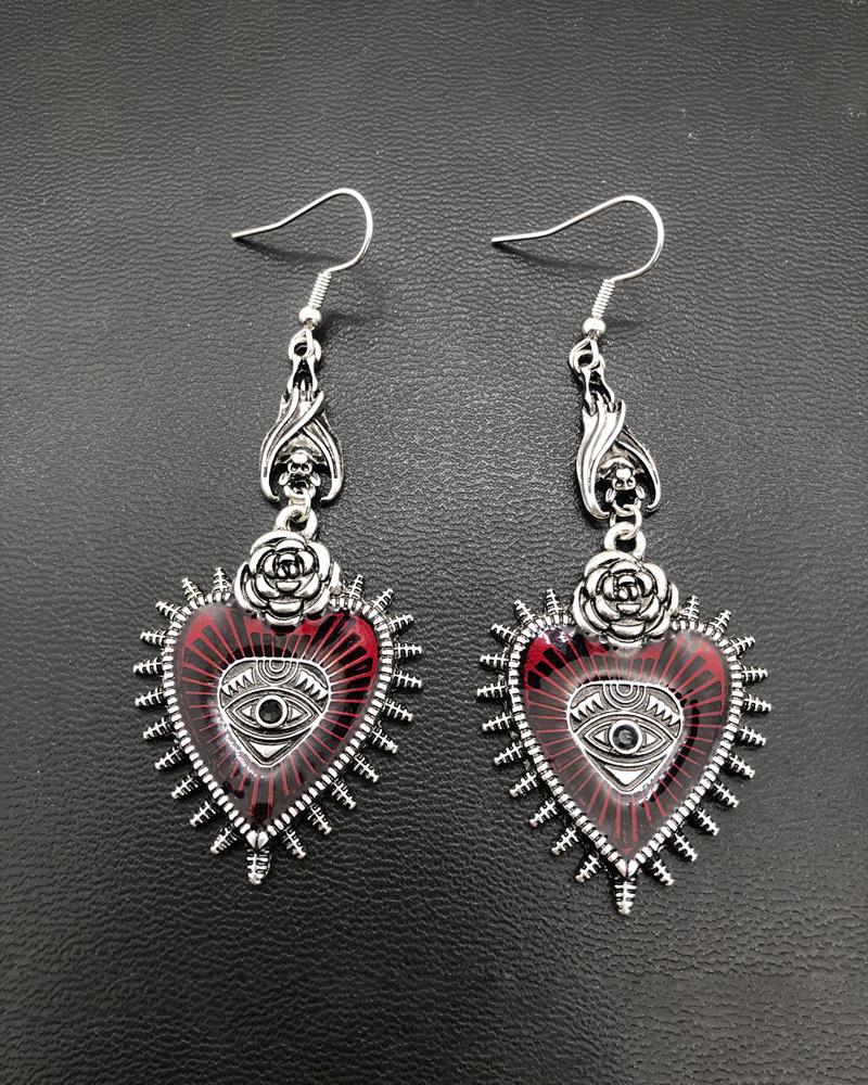 

1Pair Halloween Gothic Bat Heart Shaped Drop Earrings, Wine red