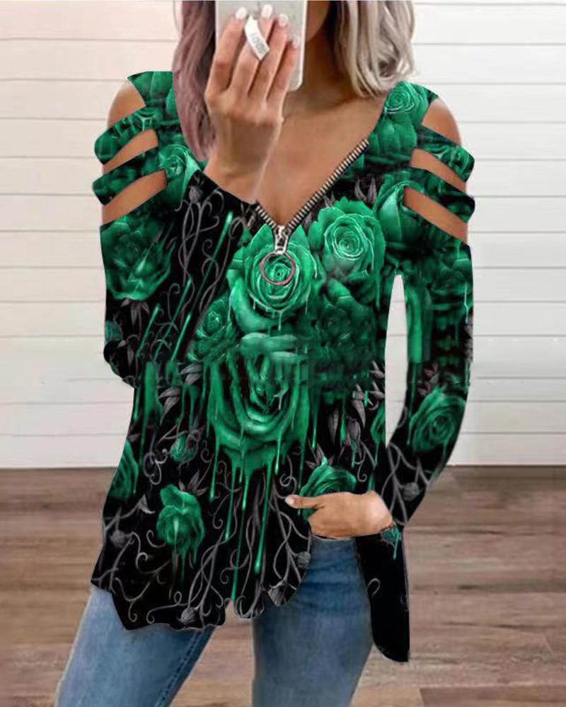 

Floral Print Zipper V-Neck Cutout Top, Green