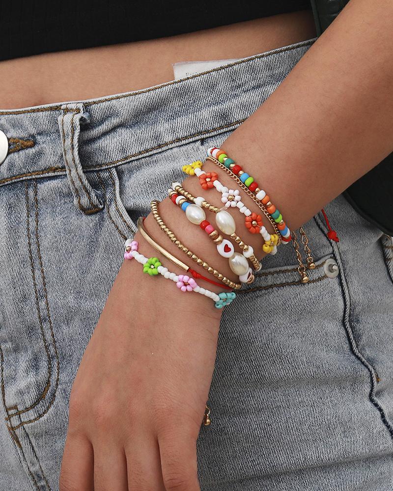 

Boho Floral Pattern Beaded Bracelet Set, Multicolor
