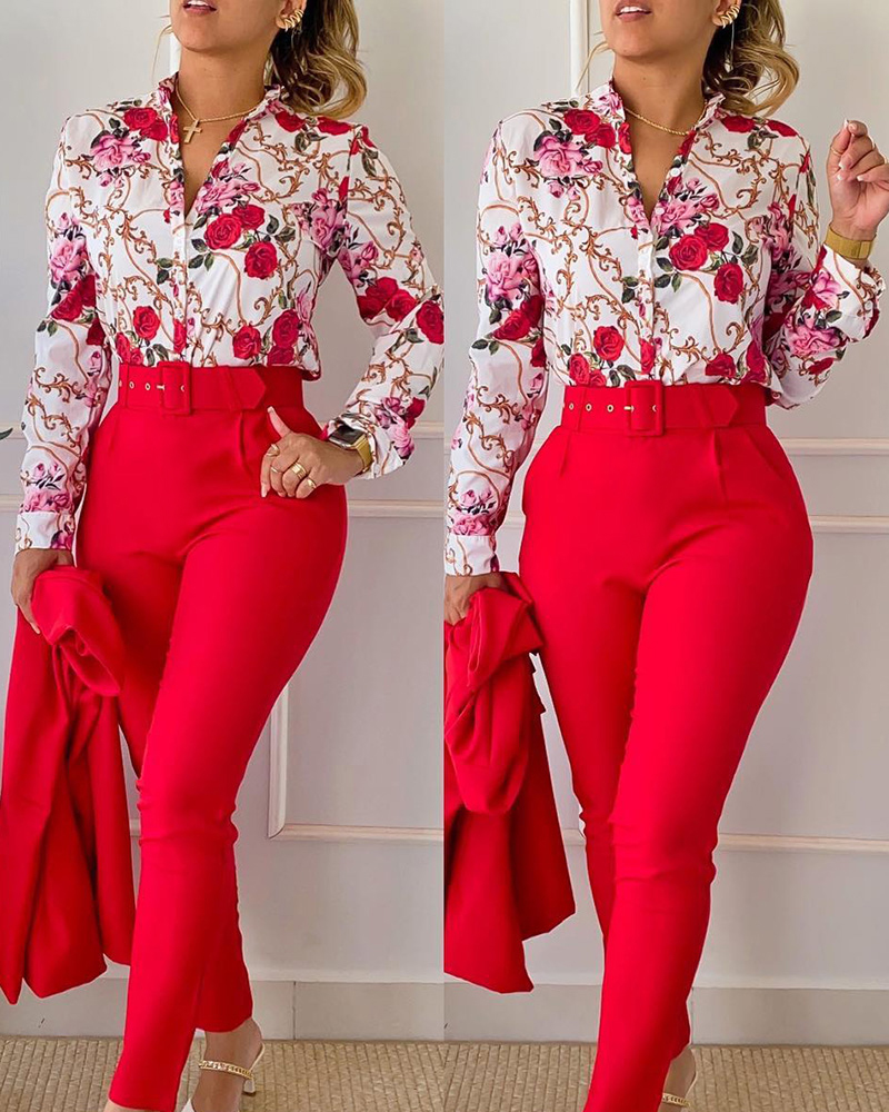 

Floral Baroque Print Shirt & High Waist Pants Set, Red