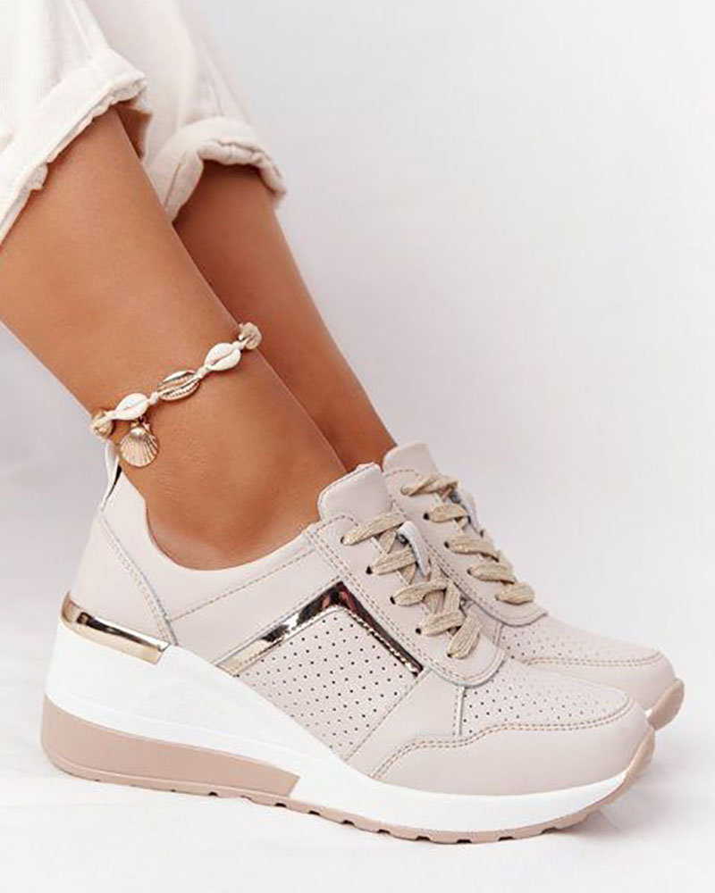 

Lace-up Hollow Out Wedge Sneakers, Beige