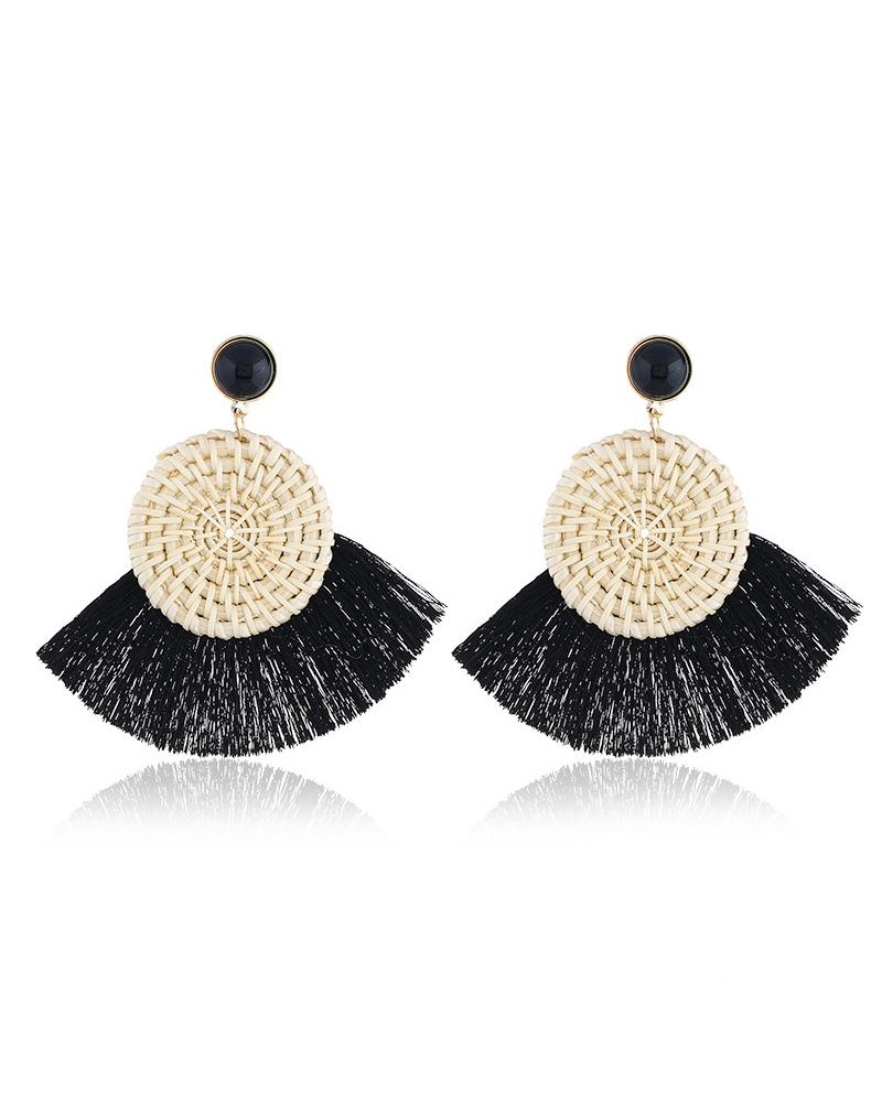 

1Pair Big Lightweight Geometric Statement Tassel Rattan Earrings, Black