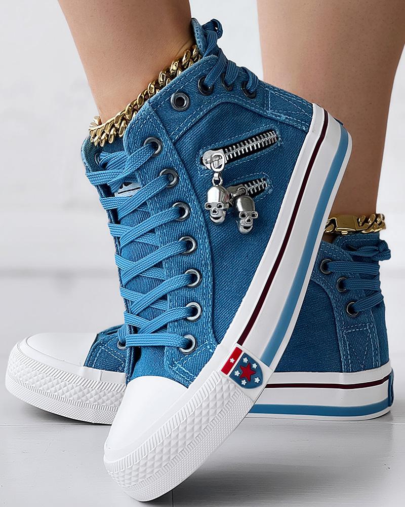 Lace-Up Skeleton Zipper Detail Casual Sneakers