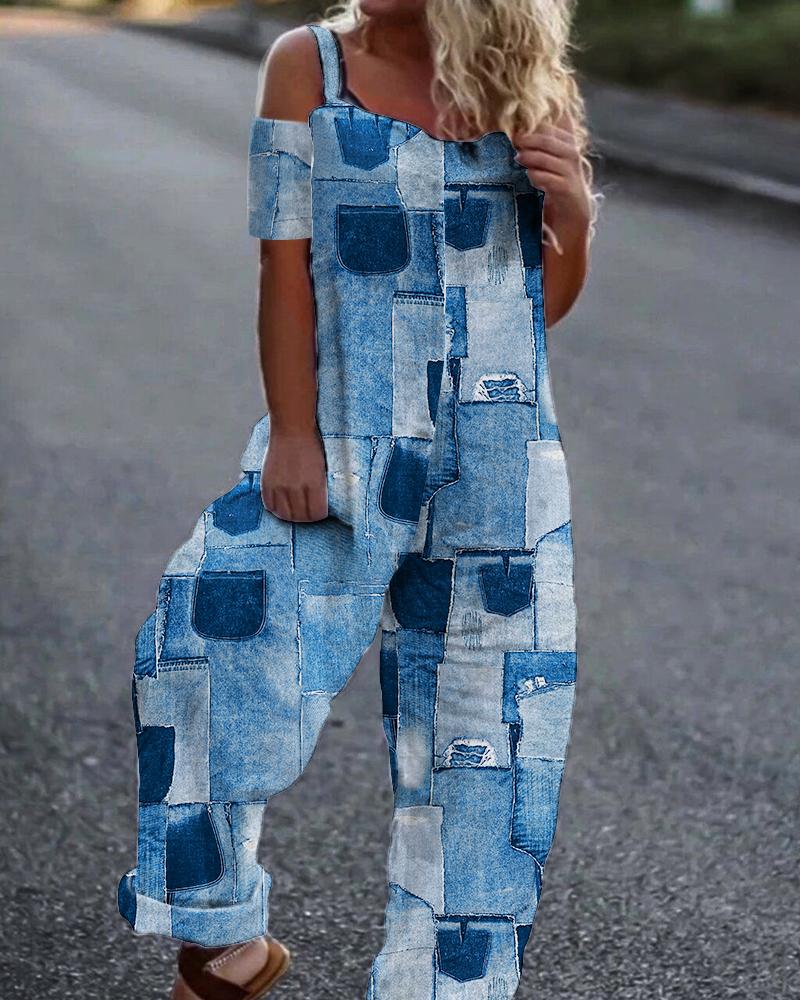 

Denim Look Print Cold Shoulder Jumpsuit, Blue