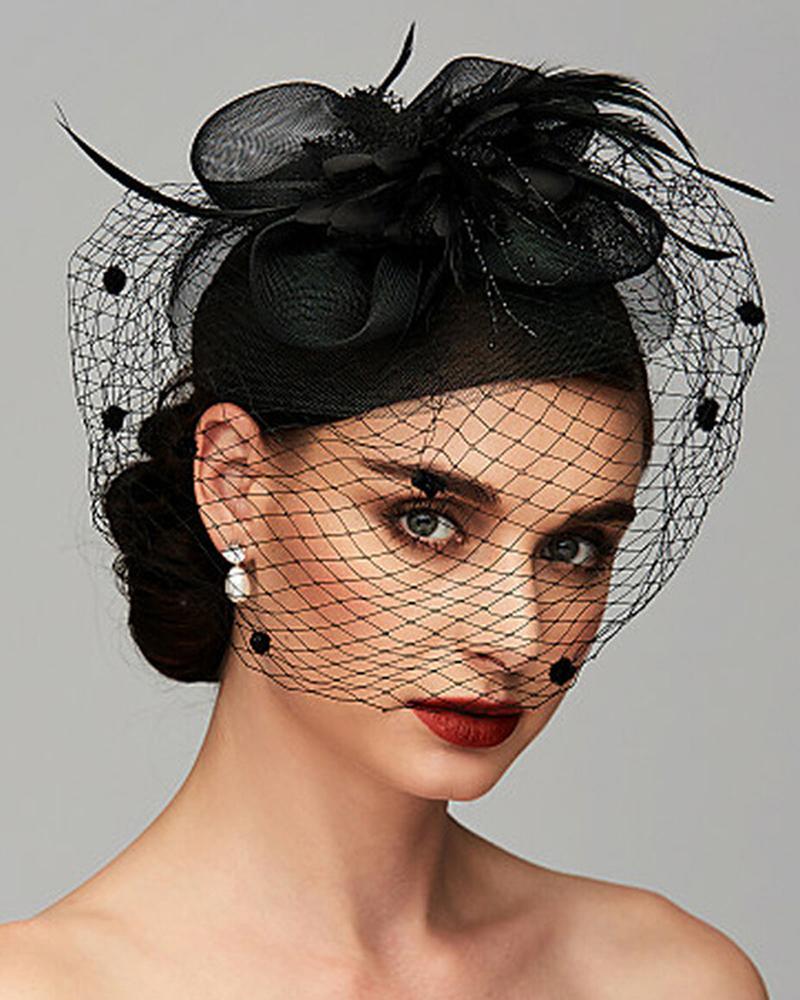 

Feather Fascinator Hat Flower Mesh Veil Hair Clip Hairpin Hats Bridal Wedding Cocktail Tea Party Headwear, Black