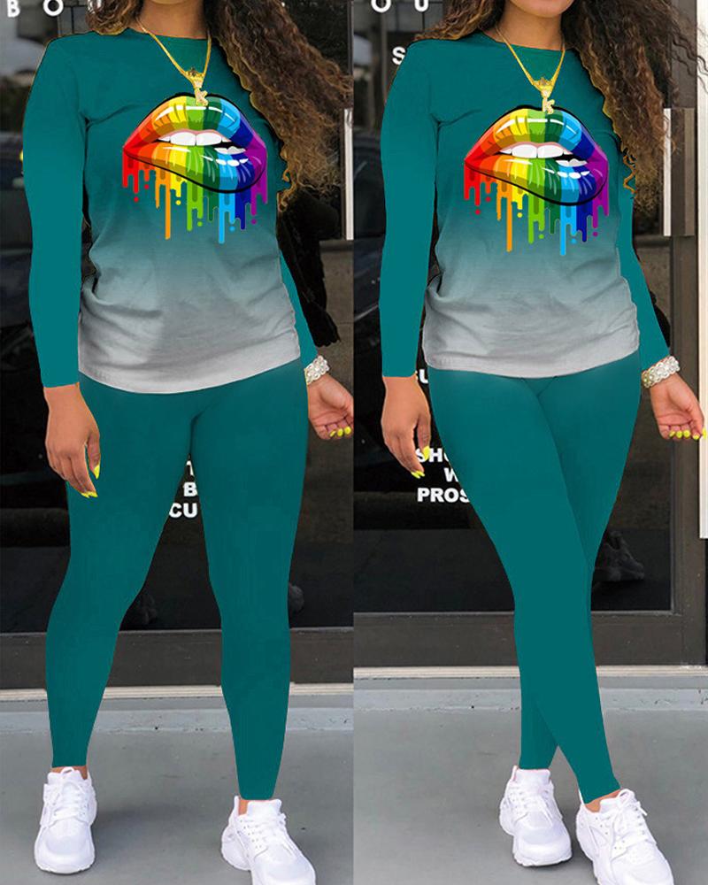 

Plus Size Lip Print Ombre Long Sleeve Top & Pants Set, Green