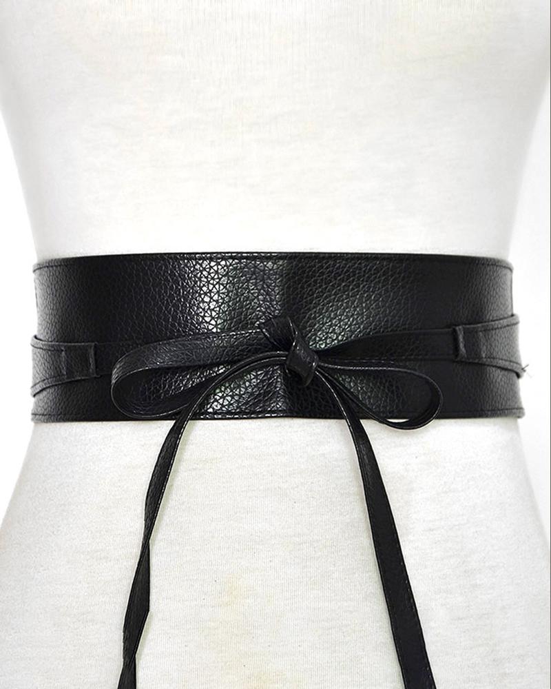 

1PCS Tied Detail PU Leather Embossed Wide Corset, Black