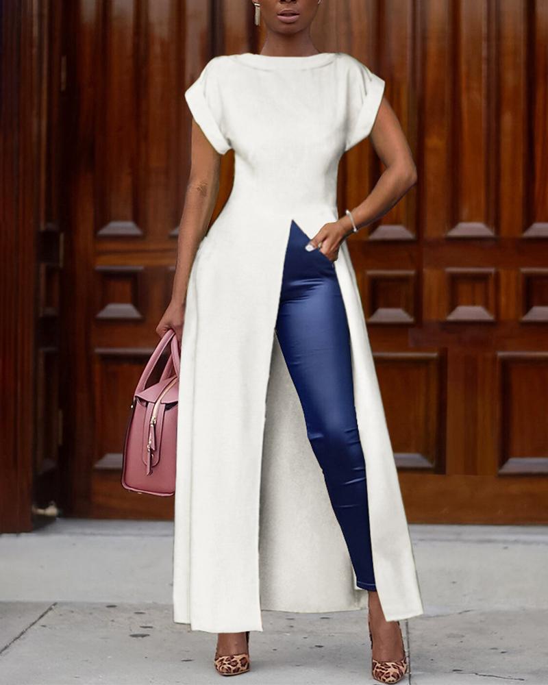 

Short Sleeve Solid Color High Split Top, White