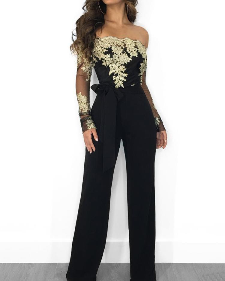 

Flower Embroidery Off Shoulder Wide Leg Jumpsuit, Gold