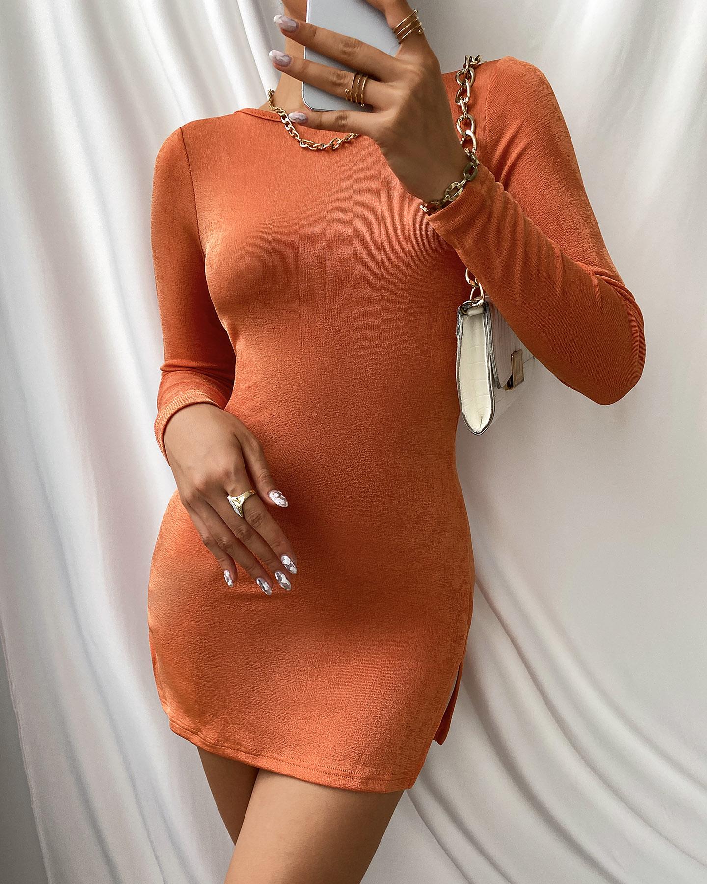 

Backless Tie Detail Slit Long Sleeve Bodycon Dress, Orange