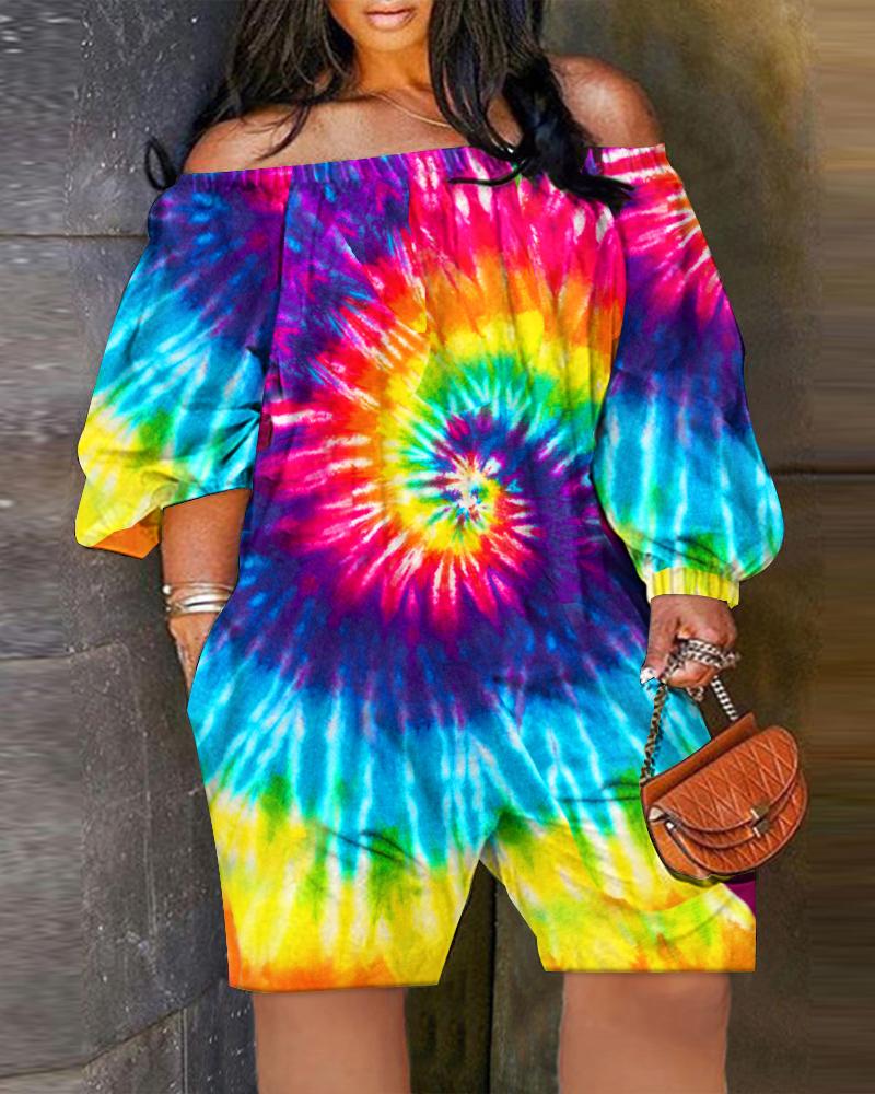

Plus Size Tie Dye Print Off Shoulder Romper, Multicolor
