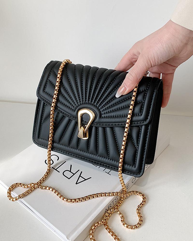 

Quilted Chain Strap Lock Flap Shoulder Bag, Black