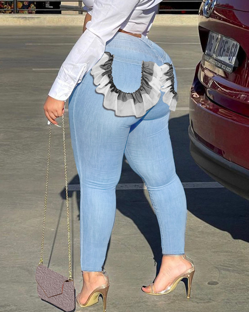 

Plus Size Contrast Lace Zipper Fly Skinny Jeans, Lighted blue