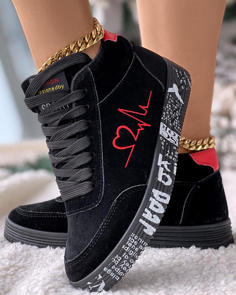 

Heart Embroidery Lace-up Platform Sneakers, Black&red