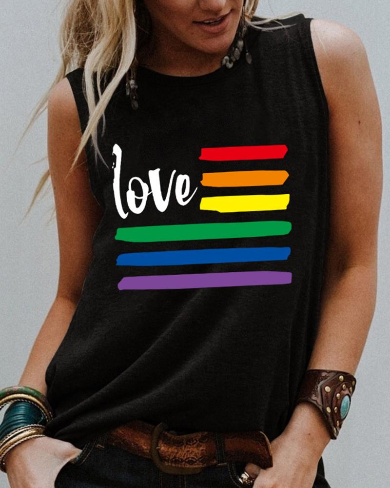 

Rainbow Stripe Love Print Tank Top, Black