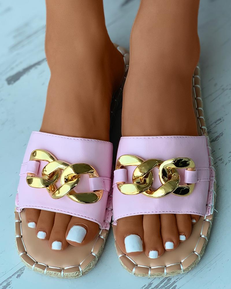 

Chain Decor Square Toe Slide Slipper, Pink