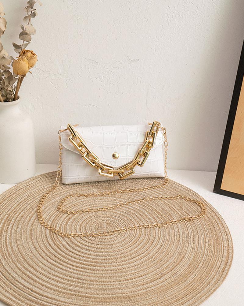 

Embossed Chain Strap Flap Shoulder Bag With Handle, White