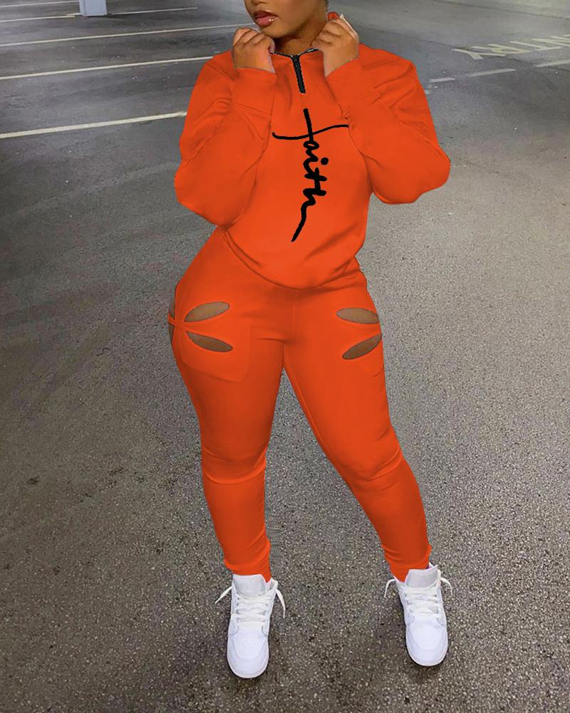 

Letter Print Long Sleeve Top & Cutout Pants Set, Orange