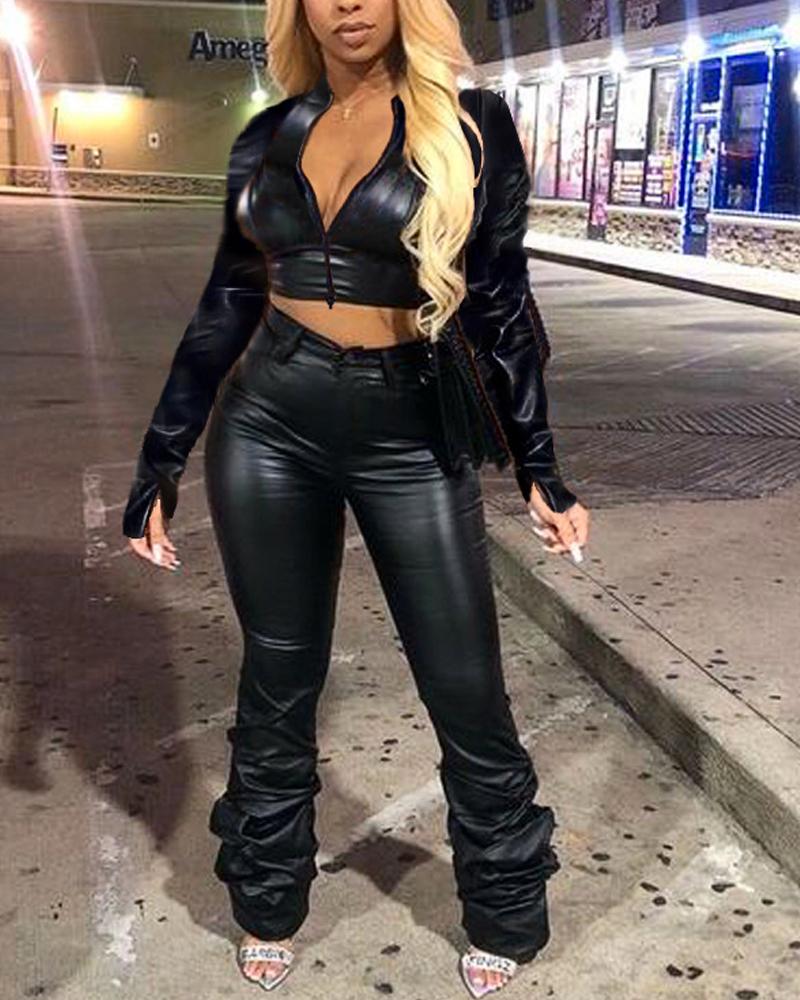 

Plus Size PU Leather Zip Up Crop Top & Ruched Pants Set, Black