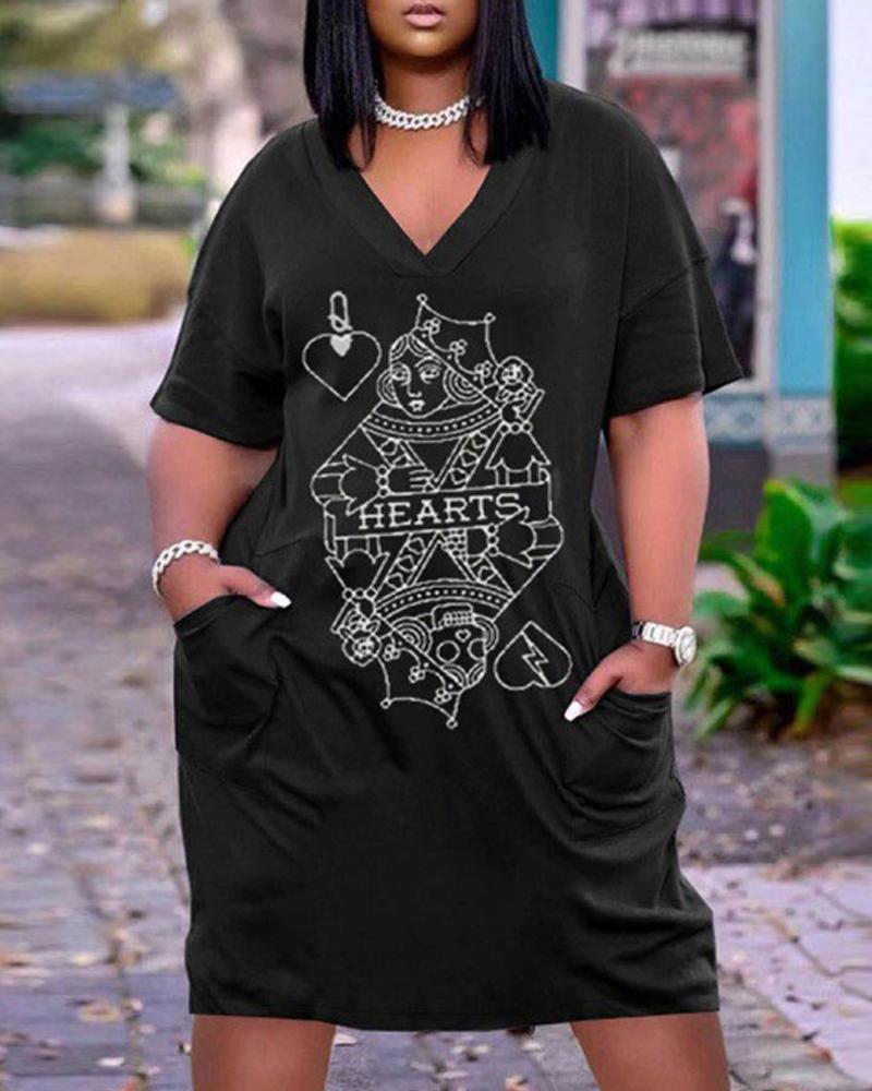 

Plus Size Poker Print Pocket Detail Casual Dress, Black