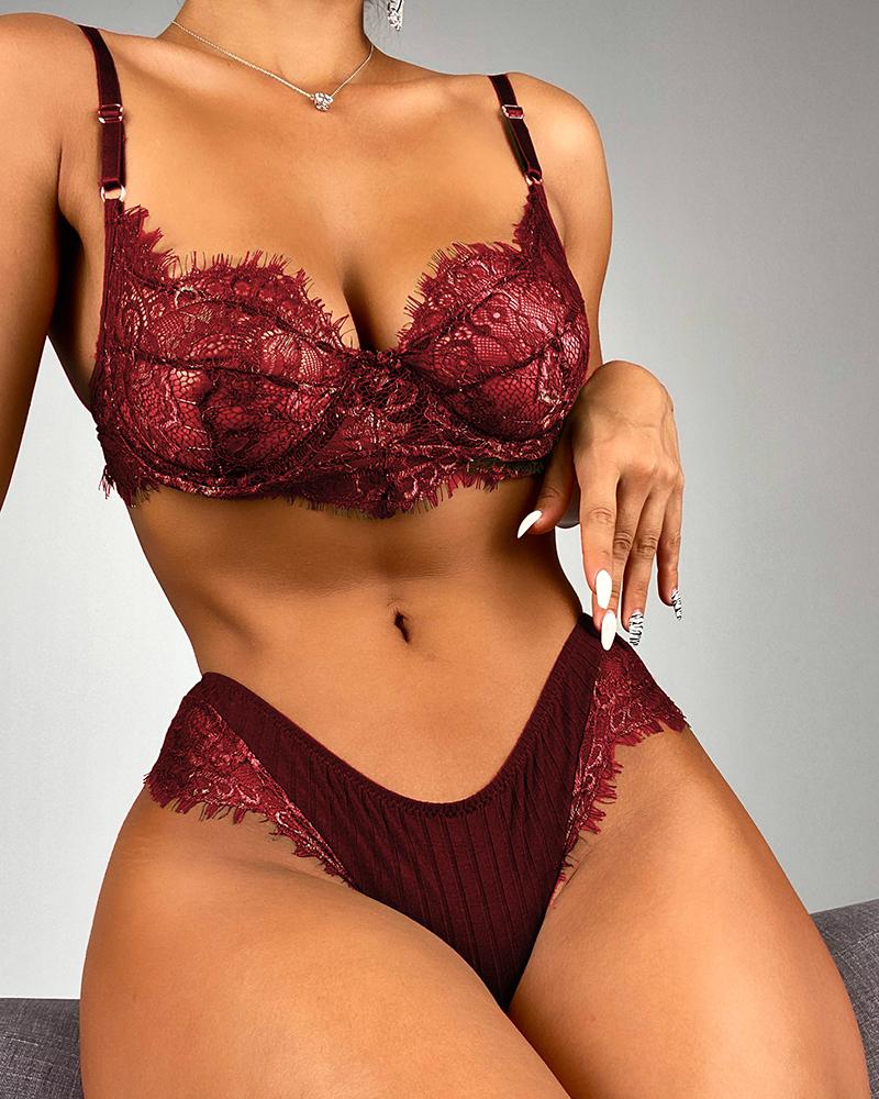

Eyelash Crochet Lace Sleeveless Lingerie Set, Wine red
