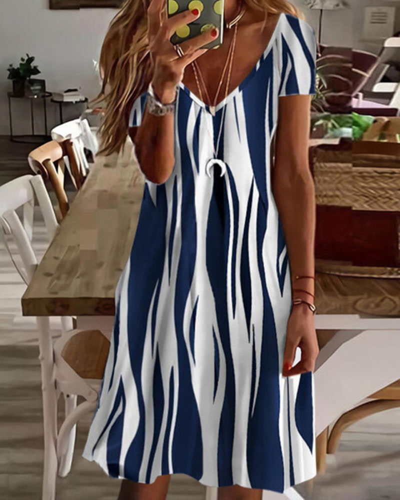 

Zebra Stripe Print Short Sleeve Casual Dress, Blue