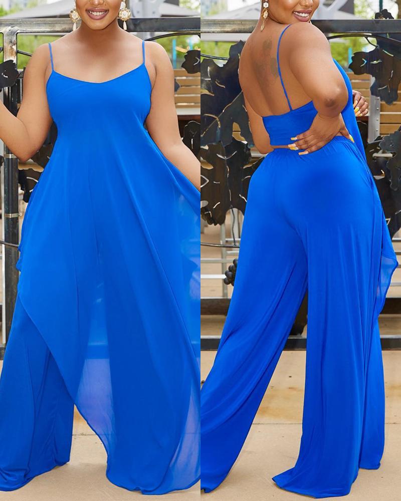 

Spaghetti Strap Asymmetrical Top & Wide Leg Pants Set, Blue