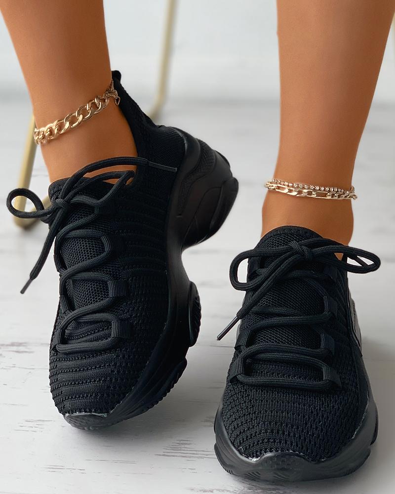 

Letter Pattern Rhinestone Lace-up Muffin Sneakers, Black
