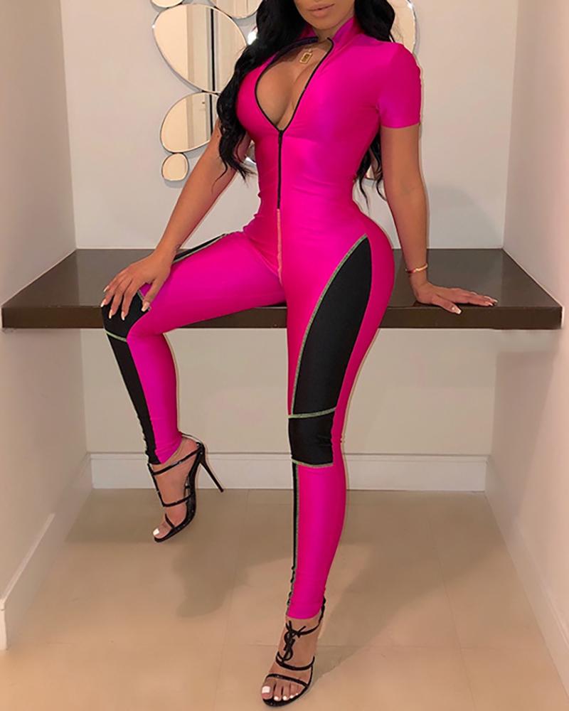 

Contrast Color Deep V Jumpsuit, Hot pink