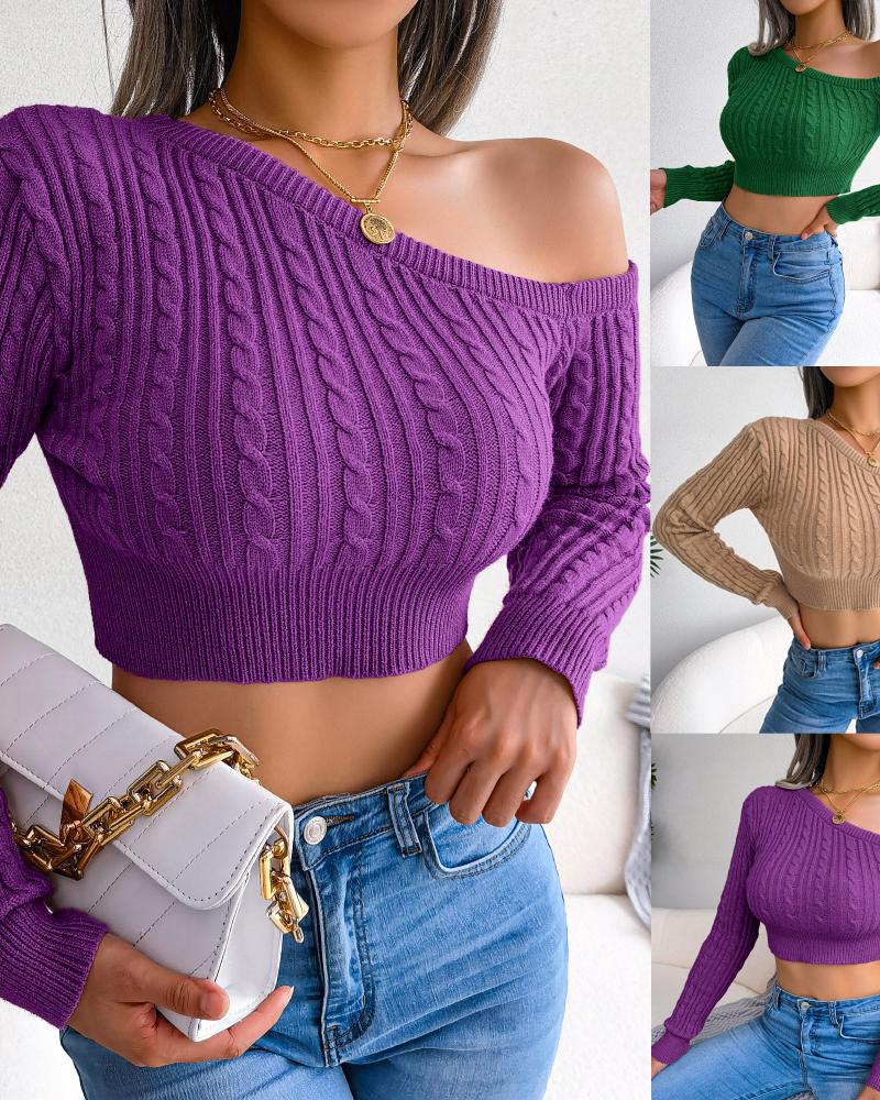 

Skew Neck Cable Knit Sweater, Purple