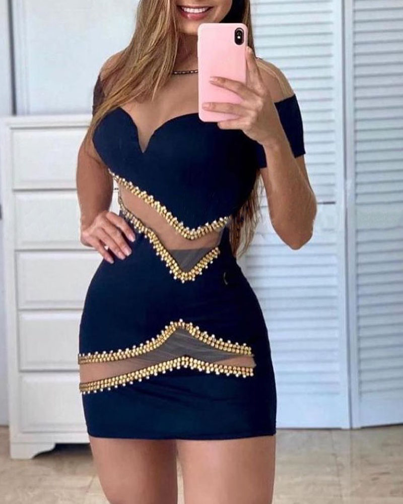 

Rhinestone Off Shoulder Contrast Mesh Bodycon Dress, Black