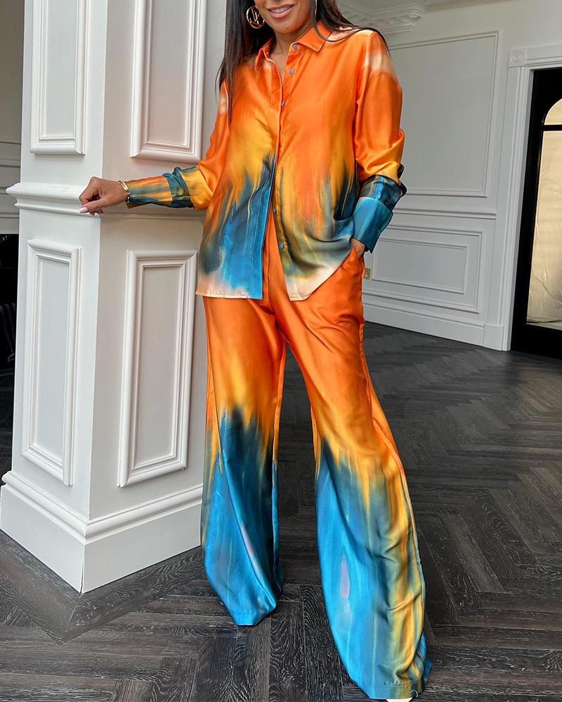 

Tie Dye Print Long Sleeve Shirt & Pants Set, Multicolor
